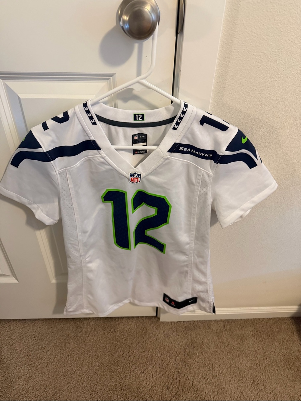 NFL Women’s White Seattle Seahawks #12 Jersey with Navy and Neon Green Accents
